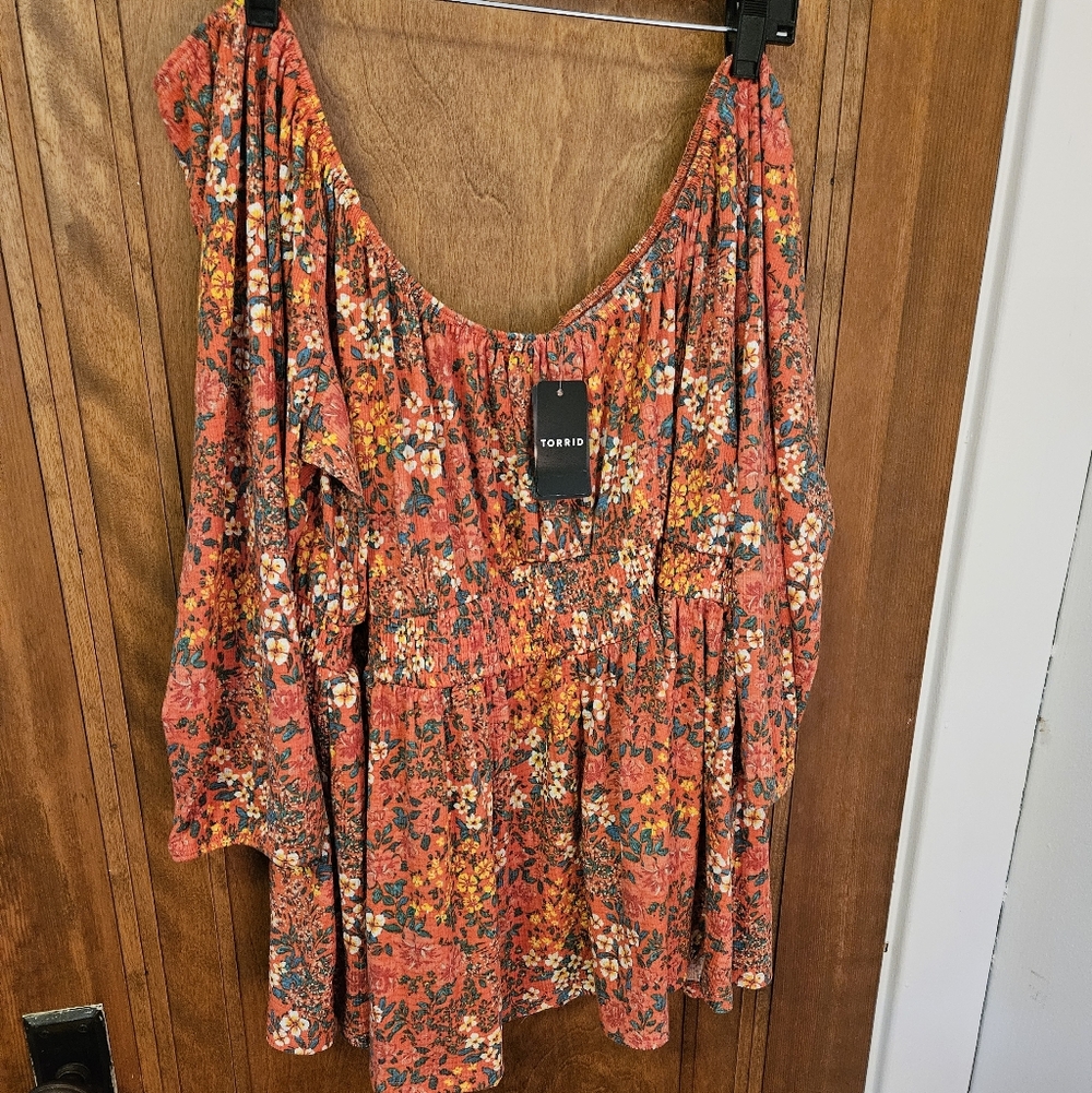 Torrid 4X Orange With White Flowers Romantic Smock Top, Ret. $45.5